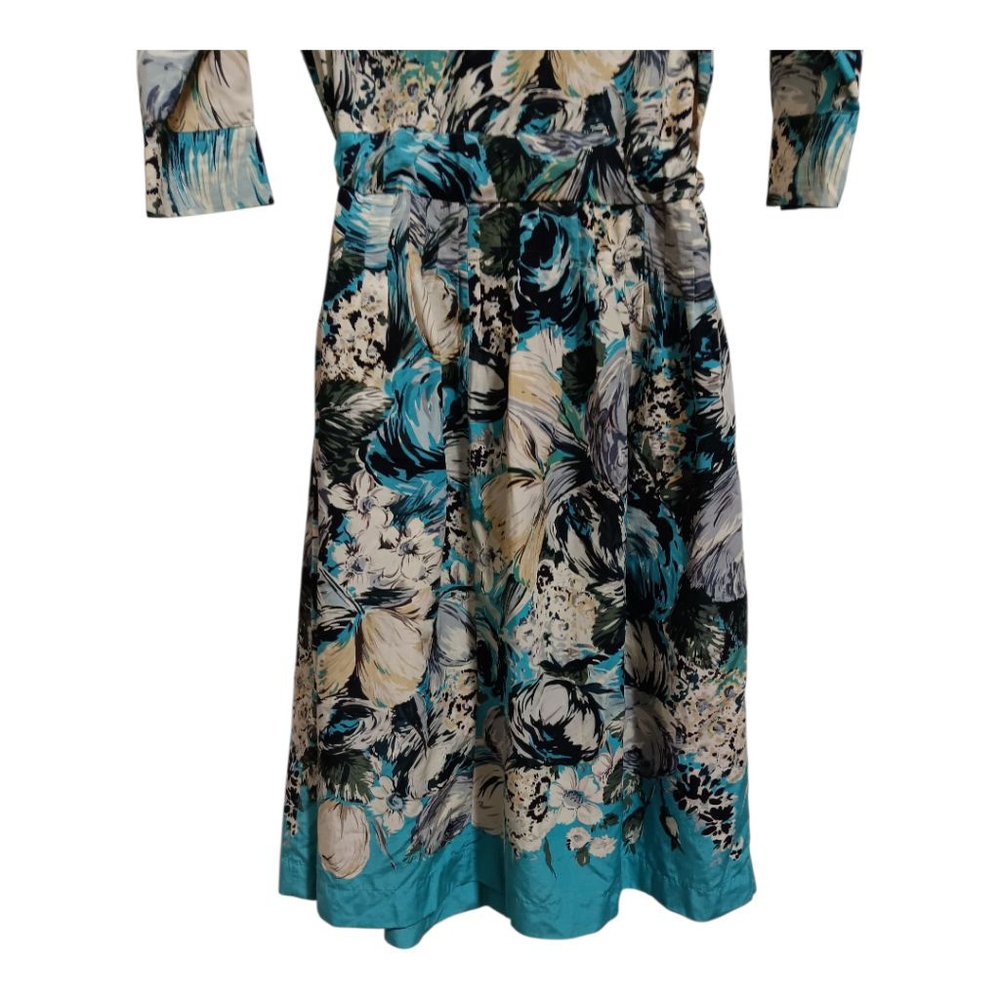 Nicole Farhi Silk Blend Turquoise Floral Button Up Belted Retro Midi Dress - Picture 6 of 16